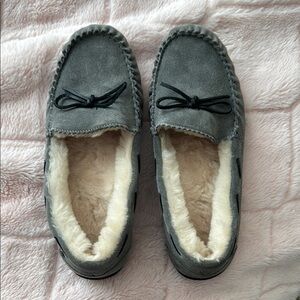Abeo Amble Bow Grey Suede Moccasin Slippers with Fur Lining 9